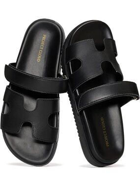 Women's All Black Leather Sandals Footwear Stylish with Plush & Soft Insole